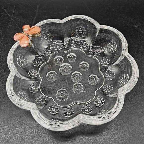 Boho Oleg Cassini Crystal Trinket Candy Dish With Applied Faux Jewel Butterfly - Picture 1 of 9